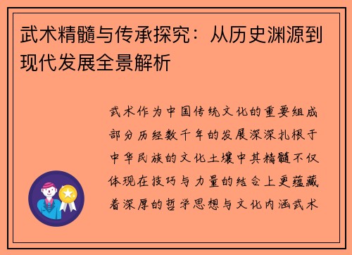 武术精髓与传承探究：从历史渊源到现代发展全景解析