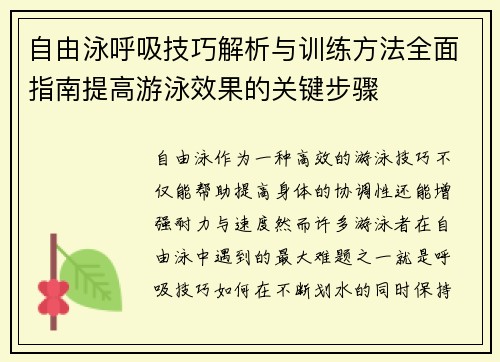 自由泳呼吸技巧解析与训练方法全面指南提高游泳效果的关键步骤